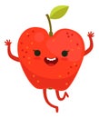 Apple mascot. Red fruit character running with smile