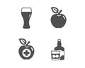 Apple, Medical food and Beer glass icons. Whiskey glass sign. Fruit, Apple, Brewery beverage. Scotch drink. Vector