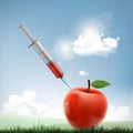 Apple with a medical syringe. Fruit with nitrates and GMO