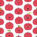 Apple Modern creative seamless pattern. Funny red characters with happy faces. Vector cartoon illustration in simple hand drawn Royalty Free Stock Photo