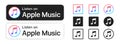 Apple music. Apple music logo App and badge set. Listen on app music UI icons. Popular set of logo apple music in different style