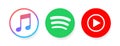 Apple music, spotify, youtube misic. - Collection of popular Music streaming services logo. Popular music streaming service. Royalty Free Stock Photo