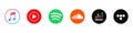 Apple Music, Spotify, YouTube Music, SoundCloud, Deezer, Tidal - a set of logos for popular music streaming services. Vector logos