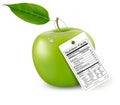 An apple with a nutrition facts label.