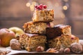 Apple nuts caramel blondies, sweet pastry on light table. Christmass dessert Royalty Free Stock Photo