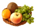 Apple, orange, coconut and grapes in basket on white background