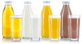 Apple orange juice milk and chocolate drink bottle glass isolated on white Royalty Free Stock Photo