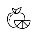 Apple and orange slice. Linear icon of fresh fruits and vitamin. Black simple illustration of peach with citrus for healthy diet