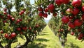 Apple orchard in autumn, fruit trees, fall harvest, apple picking, orchard landscape, autumn Generative AI Royalty Free Stock Photo