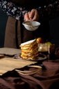 Apple Pancake Bag Craft Box Delivery chif dessert black background Hands food