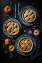 Apple and peach pies on plates documentary photography. Illustration AI Generative