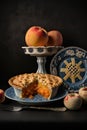 Apple and peach pies on plates documentary photography. Illustration AI Generative