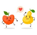 Cute and funny apple and pear emoticons. Vector fruit on white background