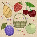 Apple, pear, cherry, plum. strawberry, basket with patchwork elements.