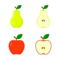 Apple and Pear icon Set, whole, half of fruit with leaf, stub. Vector isolated illustration Royalty Free Stock Photo