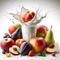 apple, pear, peach, plum with milk splash in glass isolated on white background Royalty Free Stock Photo