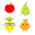 Apple pear pineapple orange fruit icon set. Cute cartoon kawaii smiling funny baby character. Happy, sad, angry, smiling emotions Royalty Free Stock Photo