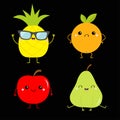 Apple pear pineapple orange fruit icon set. Cute cartoon kawaii smiling funny baby character. Happy, sad, angry, smiling emotions Royalty Free Stock Photo