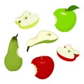 Apple and pear. Set of red, green, half, sliced, apples and pear. Raster illustration on white background. Royalty Free Stock Photo