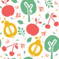 Apple pear tree cherry orchard seamless vector pattern background. Hand drawn tossed paper cut out . Matisse style. Fruit garden