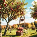 Apple Picking Orchard with Ladder and Baskets