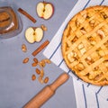 Apple pie, apples, cinnamon, sugar, top view Royalty Free Stock Photo