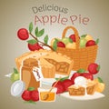 Apple pie banner vector illustration. Apple basket with jar of honey and bottle of jam. Delicious cake with ice-cream on