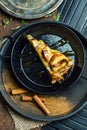 Apple pie with cinnamon. Dessert. The restaurant or cafe atmosphere. Vintage Royalty Free Stock Photo