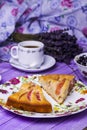 Apple pie, cottage cheese with blueberries and coffee Royalty Free Stock Photo