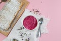 Apple pie with cottage cheese dessert, cottage cheese with strawberries and raspberries on a pink background Royalty Free Stock Photo