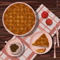 apple pie and cut piece in coral plate, coffee in cup and saucer on background with pink clove towel on wooden table.