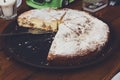 Apple pie cut in portion pieces at street food sale