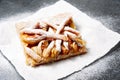 Apple Pie on disposable paper plate. Double crust apple pie with cinnamon