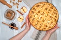 apple pie on a gray kitchen towel. Hands put on the table. Apples, cinnamon, sugar, honey and nuts, top view Royalty Free Stock Photo