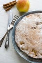 Apple pie is the gray plate, lying next fork, knife, cinnamon Royalty Free Stock Photo