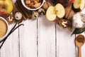 Apple pie ingrediens over white wooden background Royalty Free Stock Photo