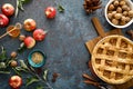 Apple pie with lattice pastry, traditional pastry dessert for Thanksgiving day, autumn baking concept