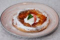 Apple pie on the plate with vanilla ice cream. Restaurant food. Traditional desert.