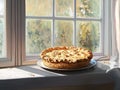 apple pie, sunlit windowsill, wooden frame, rustic setting, warm light Royalty Free Stock Photo