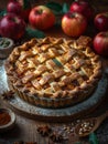 Apple pie. Sweet food. Recipe for homemade apple pie with fresh apples. Flay lay table. Pie cut into pieces and Royalty Free Stock Photo