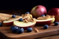 Apple pieces with peanut butter on wooden board. Generate ai