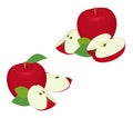 Apple pieces set. Whole red apple fruit with slice, cut, with leaves on white background as package design element. Royalty Free Stock Photo