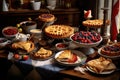 apple pies and other holiday foods on a table covered with red, white and blue decorations and american flags for independence day Royalty Free Stock Photo