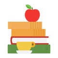 Apple on a pile of books tea cup vector flat isolated