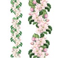 Apple pink flowers. Seamless floral border. Botanical watercolour painted edging