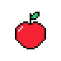 Apple pixel vector icon. Red fruit with green leaf