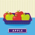 Apple on the plastic food packaging tray wrapped with polyethylene. Vector illustration Royalty Free Stock Photo