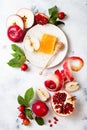 Apple, pomegranate and honey, traditional food of jewish New Year - Rosh Hashana Royalty Free Stock Photo