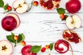 Apple, pomegranate and honey, traditional food of jewish New Year - Rosh Hashana. Copy space background.