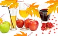 Apple and pomegranate juice isolated on white . Autumn still life with yellow maple leaves. Collage Royalty Free Stock Photo